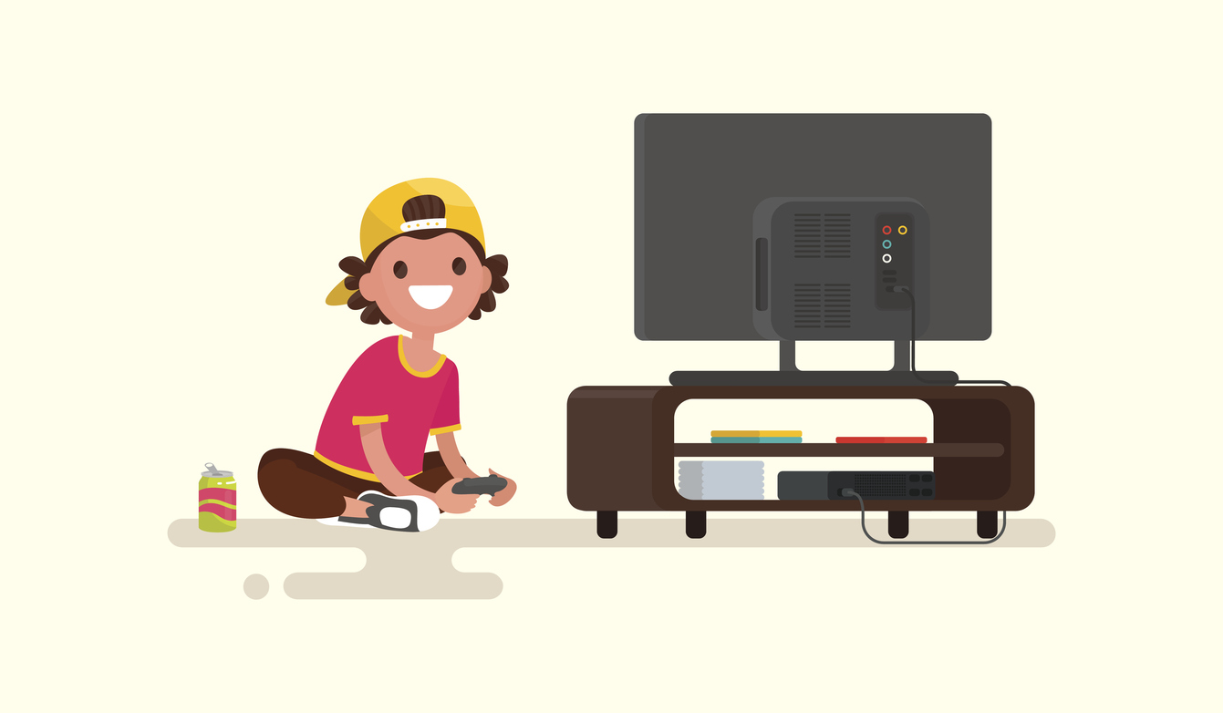 Boy playing video games on a game console. Vector illustration of a flat design
