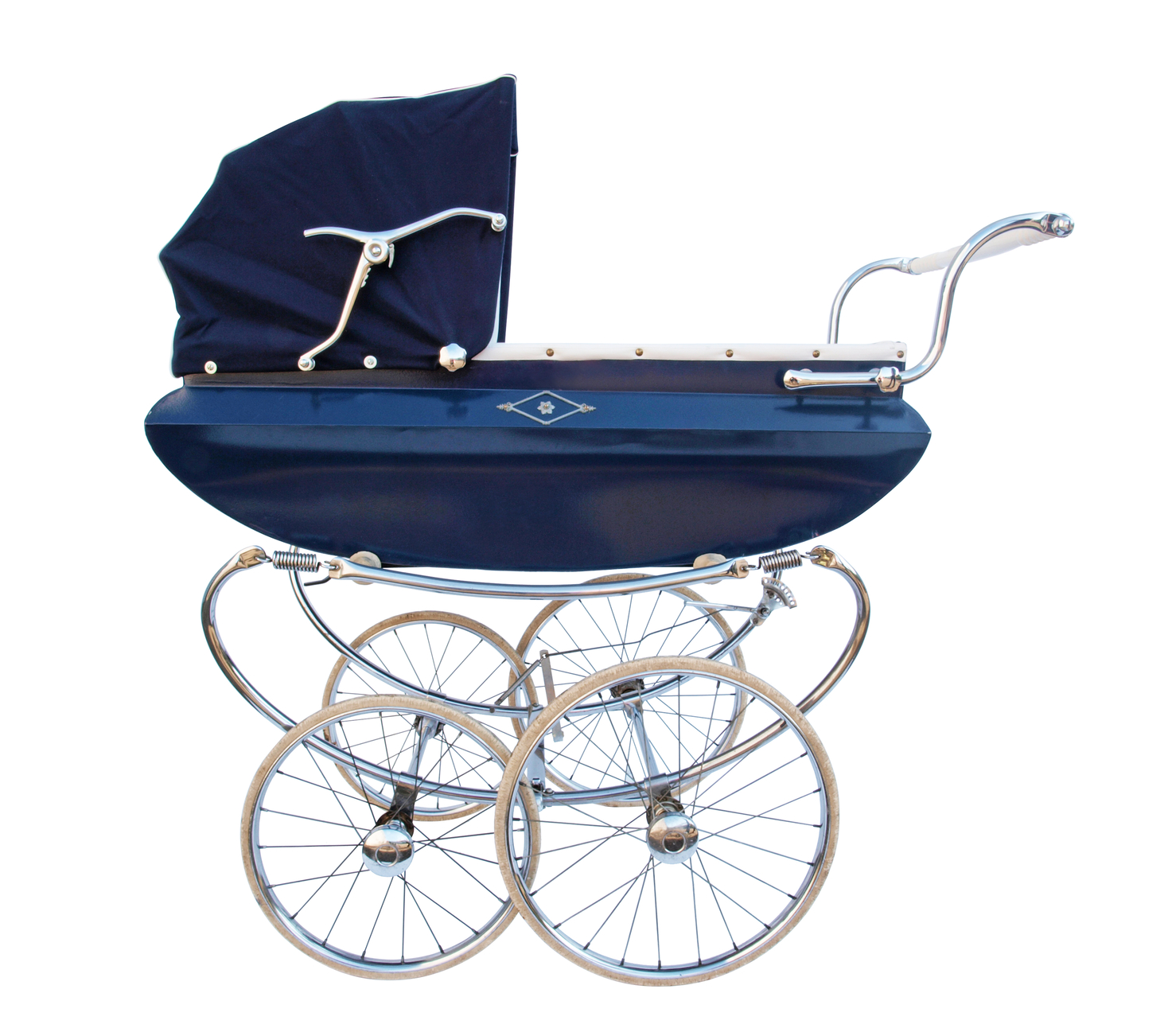 Blue baby carriage with chrome finish