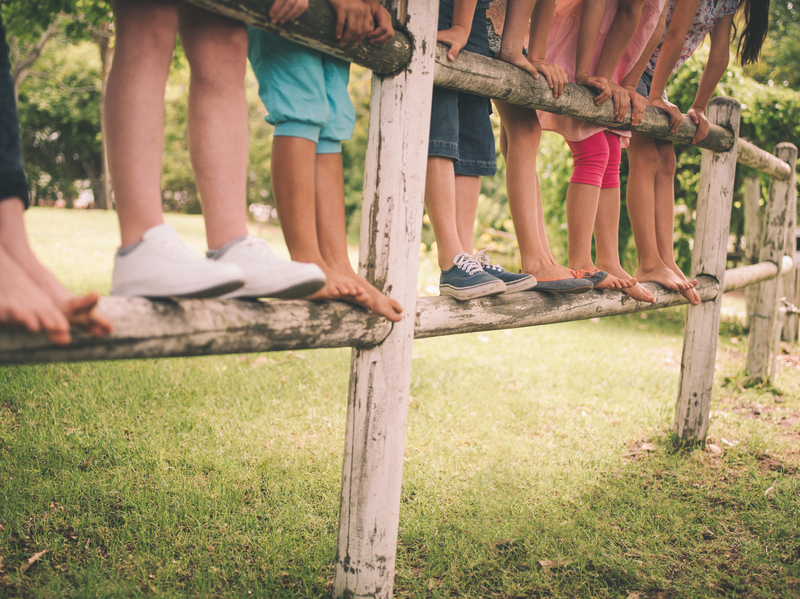 Cropped shot of the legs of a row of children standing on a rustic wooden fence in a green and grassy park on a summer day